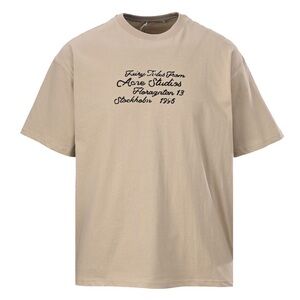 Acne beige short sleeve tee with black script logo chest